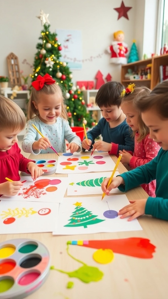 Preschool children painting Christmas trees and ornaments with bright colors at a craft table.
